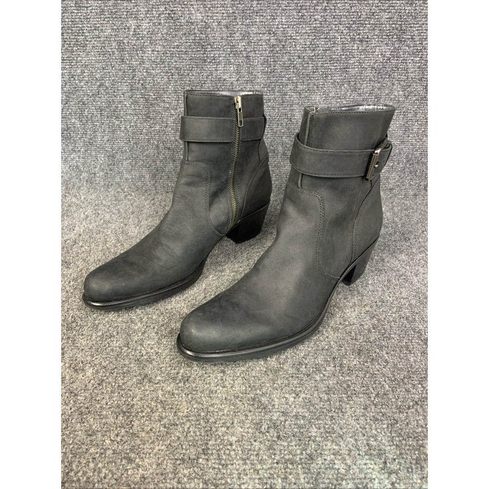 Cole Haan Ankle Bootie Black Leather Zipper Buckle Block Heel Size 8B EUC